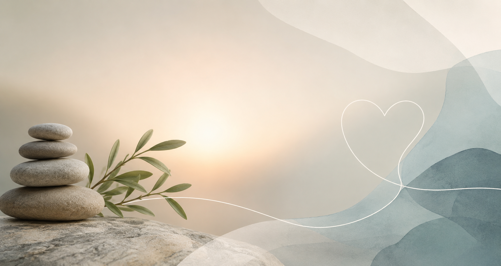 Stacked balancing stones beside an olive branch with a soft watercolour heart at sunrise.